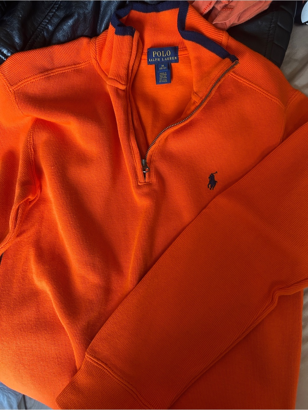 Polo by Ralph Lauren Men's Bright Orange Quarter-Zip Sweater with Navy Trim